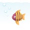 Trendy cartoon striped fish swimming underwater. Blue waves and bubbles.