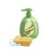 Trendy cartoon style green liquid soap bottle with dispenser and bubbles, yellow sponge. Hygiene and health care