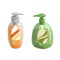 Trendy cartoon style green and orange liquid soap bottles with dispenser icons set. Hygiene and health care