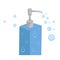 Trendy cartoon style liquid soap blue bottle with dispenser and bubbles. Every day hygiene and health care vector illustration.