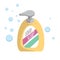 Trendy cartoon style liquid soap bottle with dispenser and bubbles. Every day hygiene and health care vector illustration.
