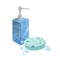 Trendy cartoon style liquid soap transparent blue bottle with dispenser and bubbles. Blue sponge. Every day hygiene and health car