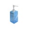 Trendy cartoon style liquid soap transparent blue bottle with dispenser and bubbles. Every day hygiene and health care vector illu