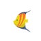 Trendy cartoon yellow striped fish with blue fins icon. Funny design for kids.