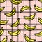 Trendy checkered grid and banana seamless pattern. Black hand drawn lines on pink background