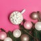 Trendy Christmas background of of hot chocolate with marshmallow, decorated Christmas tree branches with white, pink and