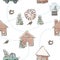 Trendy Christmas ilustration. cookie house, clock, tree, bird tenser watercolor winter holiday background pattern.  Seasonal
