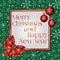 Trendy Christmas and New Year greeting card decorated with red bow, Christmas balls and various snowflakes on green background