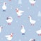 Trendy christmas pattern with cute white gooses and christmas trees, snow, gifts. Seamless scandinavian geese pattern