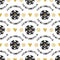 Trendy Christmas seamless pattern. Hand-drawn black, gold snowflakes, white background