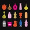 Trendy colorful assorted simple and detail vases, containers, bowls, pots and jars abstract icons design elements set on black