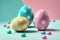 Trendy colorful Easter eggs pink yellow blue. Easter decoration. Generative AI