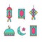 Trendy colorful ramadhan icon set with lantern lamp, al qur`an book, ketupat, mosque, prayer mat, and crescent moon