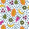 Trendy colourful of summer fruits, Mixed fruits Banana,Berries,Kiwi ,Papaya,brush strokes style, layer on polka dots seamless