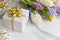 trendy composition with festive wrapped gift boxes ribbon bow decorated by bloom flowers