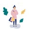 Trendy concept of shopping:girl with paper bags from store and smart phone.Flat Funky Figures style.Decorated beautiful leaves and