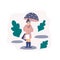 Trendy concept of shopping:girl in waterproof boots with paper bags from store in wet weather with umbrella in cute polka dots.