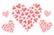 Trendy coral color vector heart shapes filled with small folded hearts