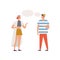 Trendy couple communication with speech bubbles vector flat illustration. Cartoon man and woman discussing isolated on