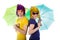 Trendy couple with sunglasses, wigs and umbrellas