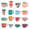 Trendy cups. Coffee and tea mugs in scandinavian style. Side view paper go-cup with modern flower patterns. Colorful