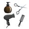 Trendy design haircare icons set. Brown container with gel, scissors, hair dryer and cylinder brush comb. Professional black hair