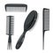 Trendy design haircare icons set. Plastic combs, massage brush professional black hair styling accessories tools.