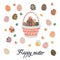 Trendy design with typography, dots, eggs and bunny, in pastel colors.