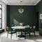 Trendy dining room in calm green color Empty plain walls and emerald velor chairs Black accents and white marble Large table
