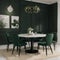 Trendy dining room in calm green color Empty plain walls and emerald velor chairs Black accents and white marble Large table