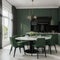 Trendy dining room in calm green color Empty plain walls and emerald velor chairs Black accents and white marble Large table