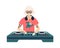 Trendy disc jockey play electronic dance music on dj console. Female musician mixing sound records on turntable panel