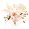 Trendy dried palm leaves, blush pink rose, pale protea, white ranunculus, pampas grass vector