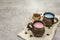 Trendy drink blue and pink latte. Lavender or spirulina and rose, beetroot or raspberry coffee. Stone concrete background