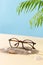 Trendy Eyeglass frame on beach with palm leaves, trendy Still Life Style. Tortoiseshell frame glasses on sand. Optic store