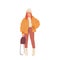 Trendy fashion teenager girl wearing casual warm waterproof short puffer and knitted hat on white
