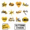 Trendy fashionable gold glittering pins. Cool patches, badges, stickers with text, sms messages isolated on white. Vector