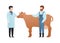 Trendy flat farmring character vector cartoon illustration. Male farmer visit veterinarian for an examination of a cow isolated on