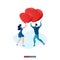 Trendy flat illustration. Man and woman bring their hearts to each other. Valentine`s Day. Holiday of love.