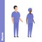 Trendy flat medical character vector cartoon illustration. Set of male and female black and white nurse team. Blue nursery uniform