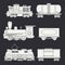 Trendy flat modern and vintage trains with cargo wagons and tank icons set. Steam, diesel and electric locomotives