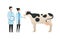 Trendy flat scientist character vector illustration. Set of cartoon male and female science team standing in front of cow. Concept