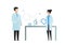 Trendy flat scientist character vector illustration. Set of cartoon male and female science team standing in laboratory with table