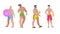 Trendy flat style men on the beach set. Chubby, sport guys in swim suits. Holding bear, ball, posing, walking. Vector illustration