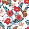 Trendy Floral seamless pattern blooming red flowers with butterfly Botanical garden Motifs vector texture. Design for fashion