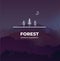 Trendy Forest logo badge in outline style. In the background vector landscape with forest and mountains, you can change