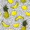 Trendy and fresh hand sketch summer fruits lemon,pineapple,banana,seamless pattern vector layer on painting black polka dots for