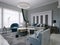 Trendy Fusion style living room interior with gray walls and blue upholstered furniture