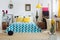 Trendy geometric bedroom, vivid colors