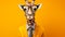 Trendy giraffe with a jacket and glasses on a yellow color background